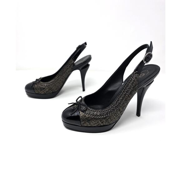 CHANEL Shoes - Chanel Slingback Platform Vintage Heels Cap Toe CC Logo Bow Chain Black 36.5 6